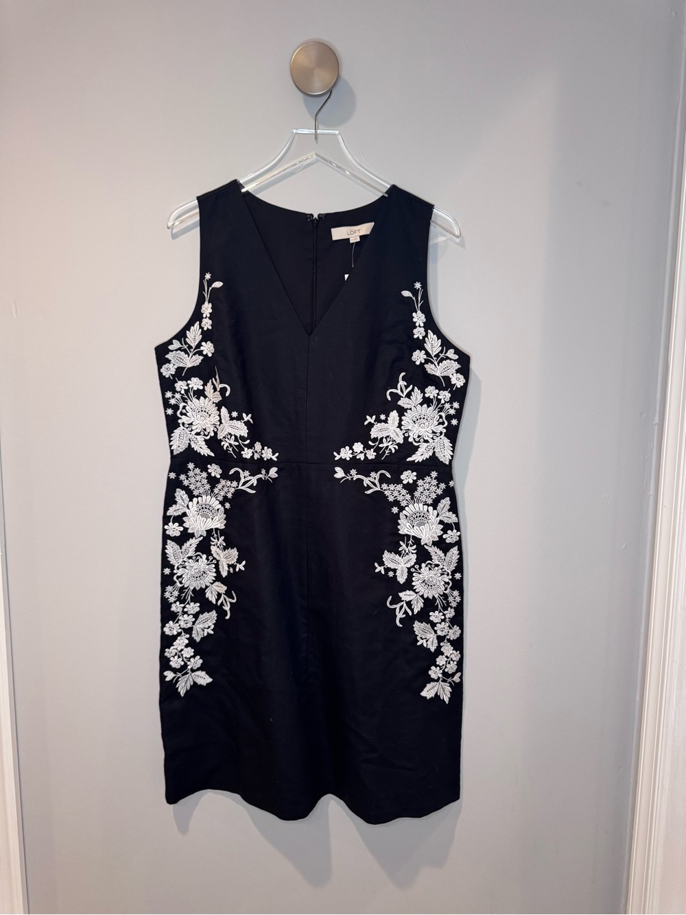 Black Sleeveless V-Neck Dress with White Floral Embroidery